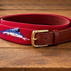Tucker Blair Red Belt with Dolphin Motif- men’s belt solid brass